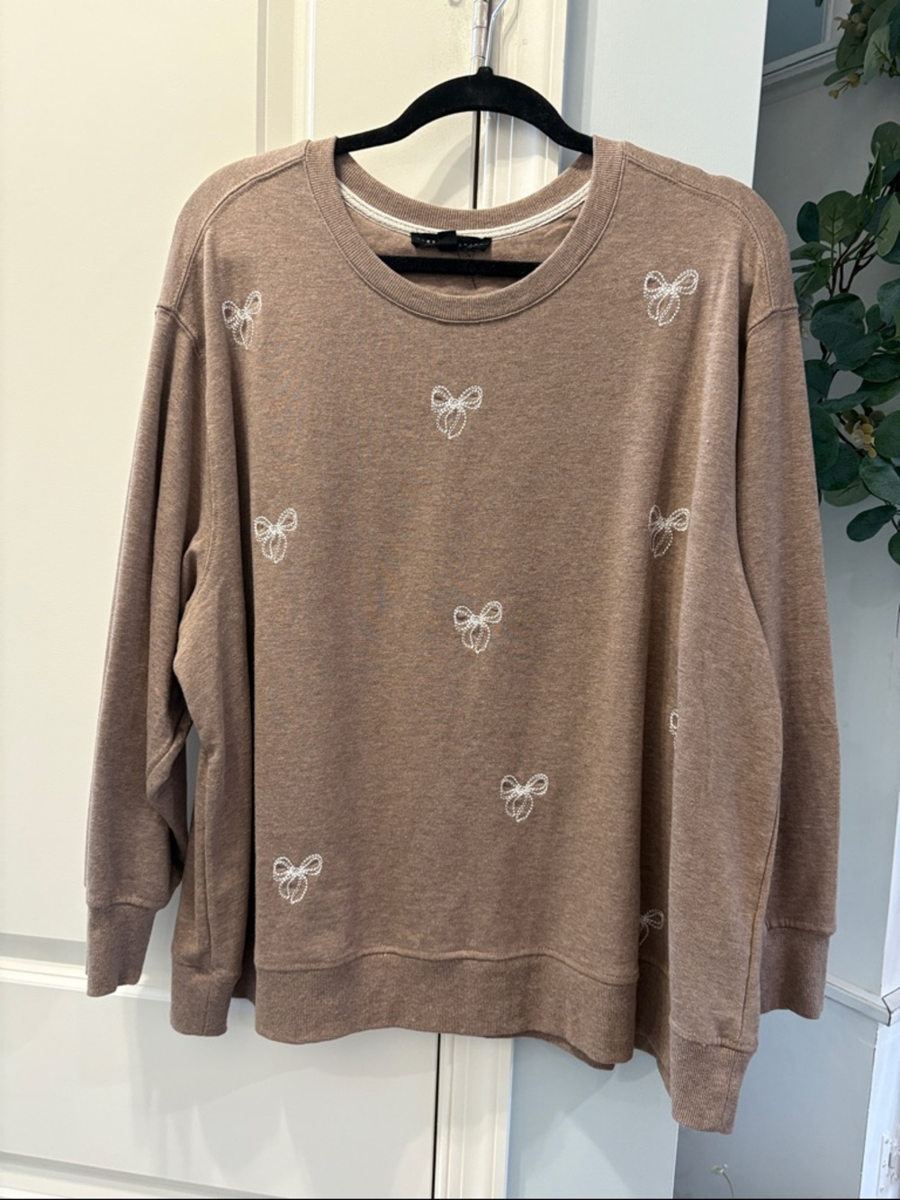 Jane and Delancey Taupe Crewneck Sweatshirt with White Embroidery